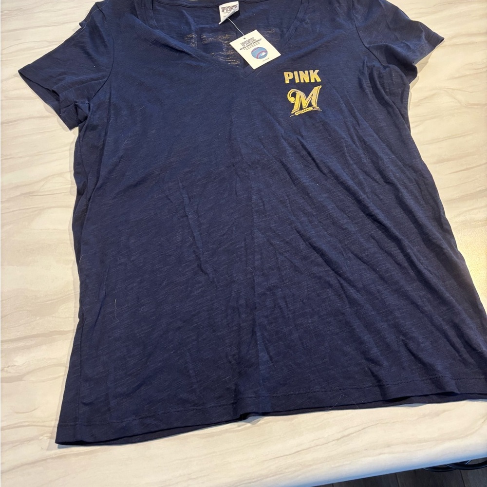 PINK Milwaukee Brews Blue V-Neck T-Shirt with Gold Logo